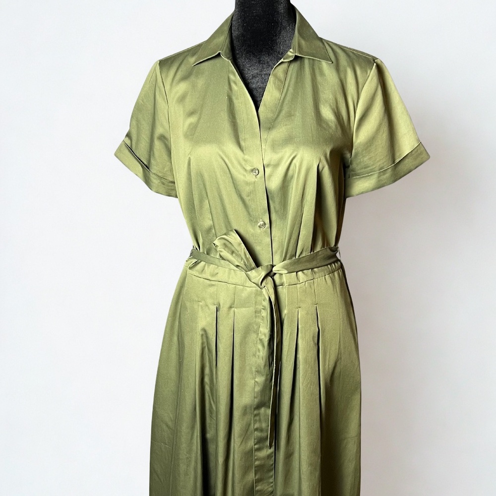 NEW! Olive Green Signature A-Line Cotton Sateen Shirt Dress